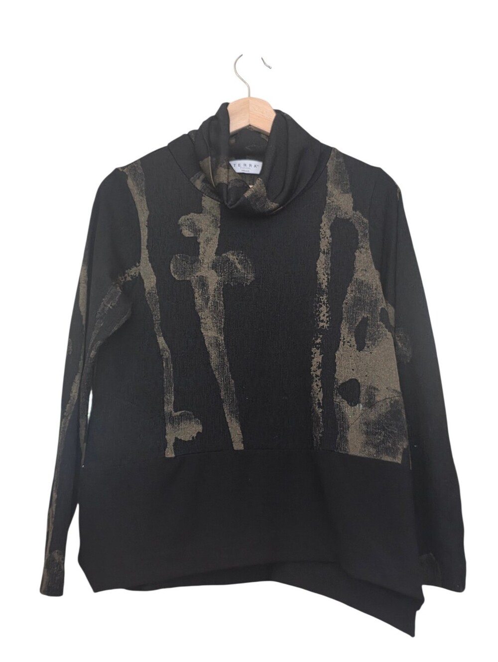 Terra SJ Apparel EUC Black & Olive Green Abstract Print Turtleneck Pockets Sz S